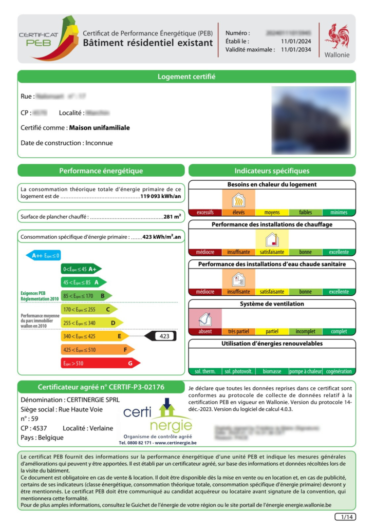 Exemple - Vue d’ensemble de votre certificat PEB