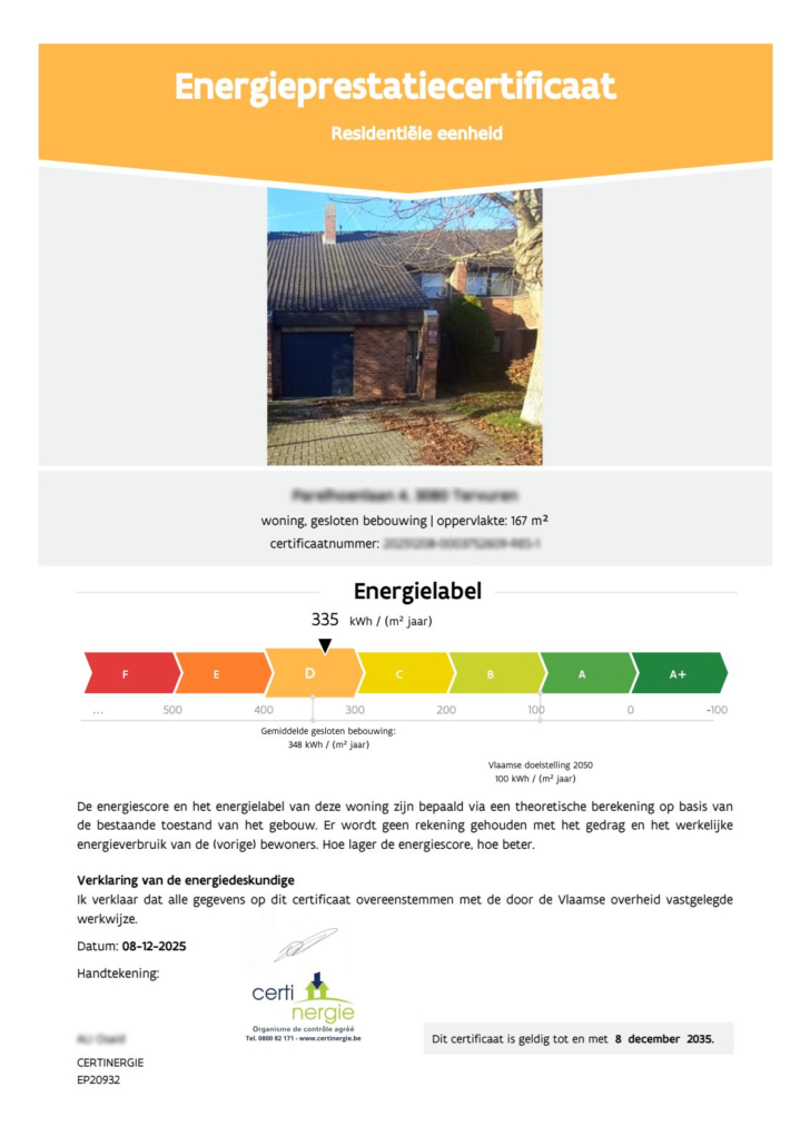 Exemple - Vue d’ensemble de votre certificat PEB en Flandre