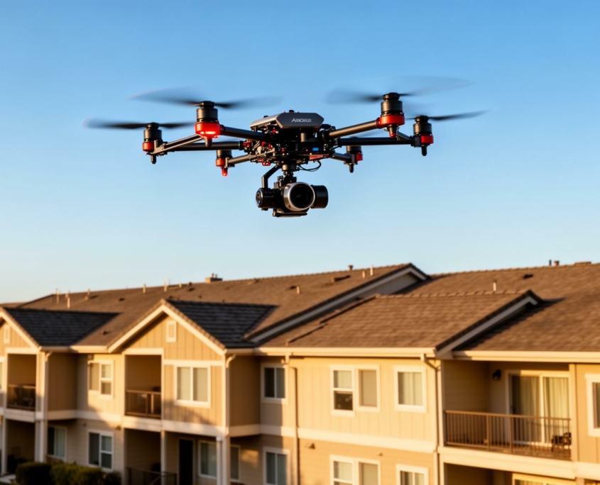 Drone professionnel équipé d'une caméra thermique survolant un immeuble pour inspection thermographique