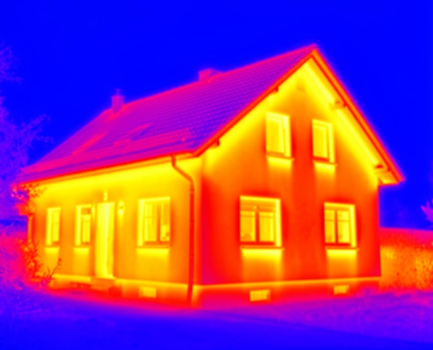 Image thermographique infrarouge d'une maison montrant les zones de déperdition thermique en rouge et jaune