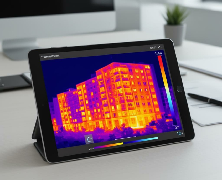 Rapport de thermographie sur tablette montrant l'analyse thermique d'un immeuble avec carte de chaleur