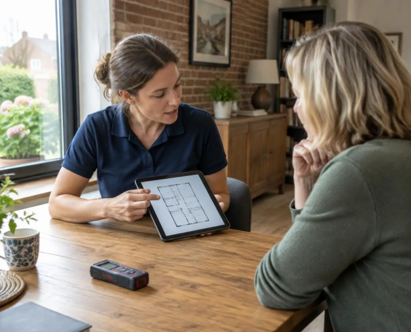 Une auditrice explique le plan du logement sur tablette à une propriétaire