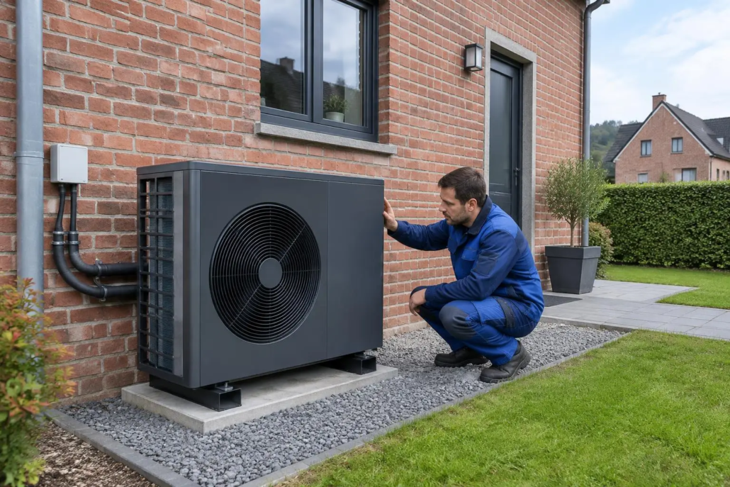 Technicien vérifiant une pompe à chaleur air-eau à l'extérieur d'une maison